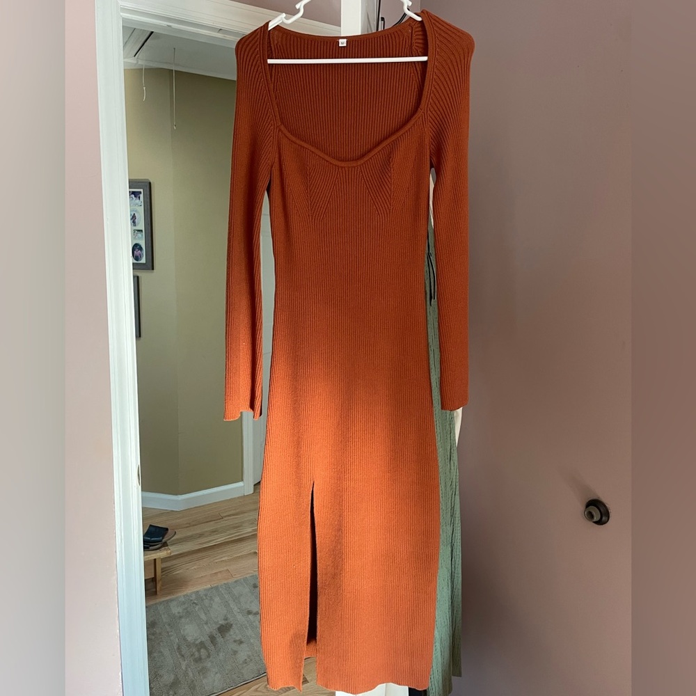 Elegant Rust Long Sleeve Sweater Dress